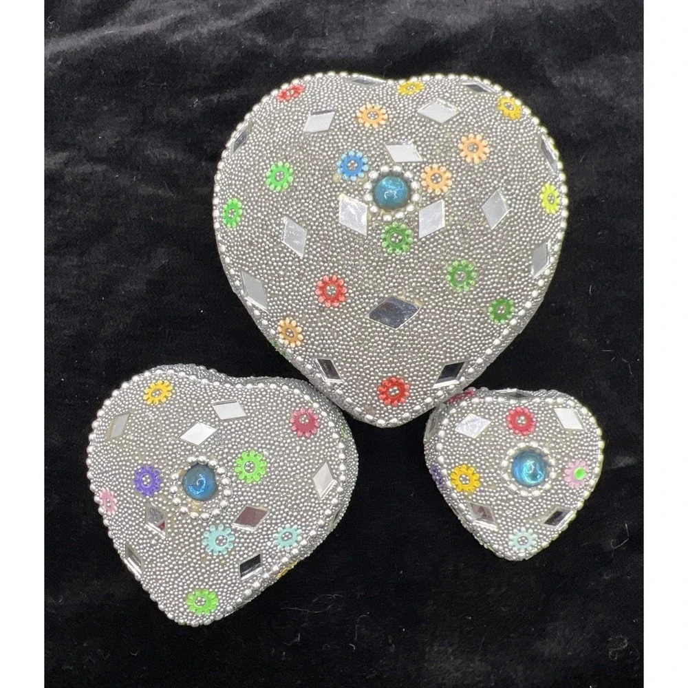 Nesting Trinket‎ boxes (3) Heart, Mirrored & beaded -New Old Stock